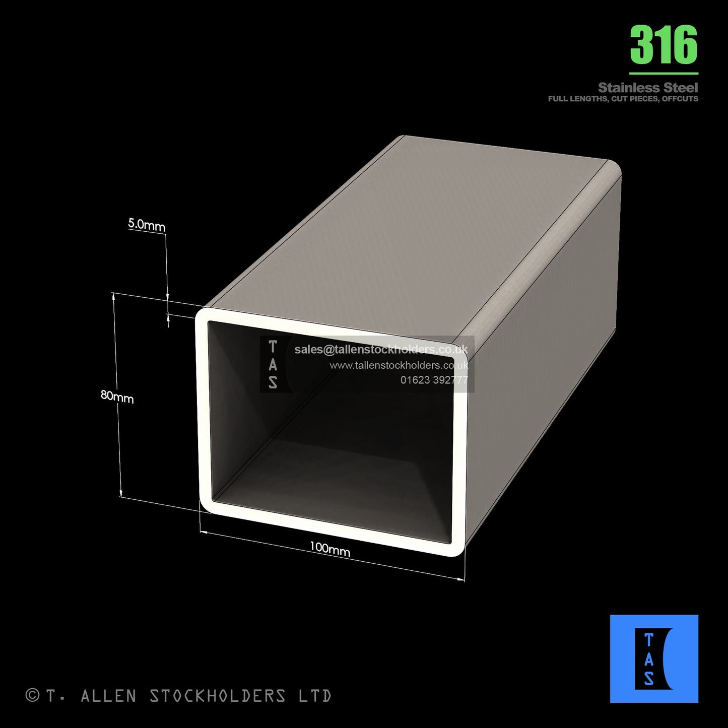 BUY 100 X 80 X 5 RECTANGULAR BOX SECTION, GRADE 316 STAINLESS STEEL