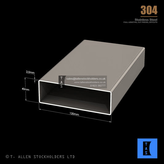 120 X 40 X 2 RECTANGULAR BOX SECTION, RHS, 304 STAINLESS STEEL