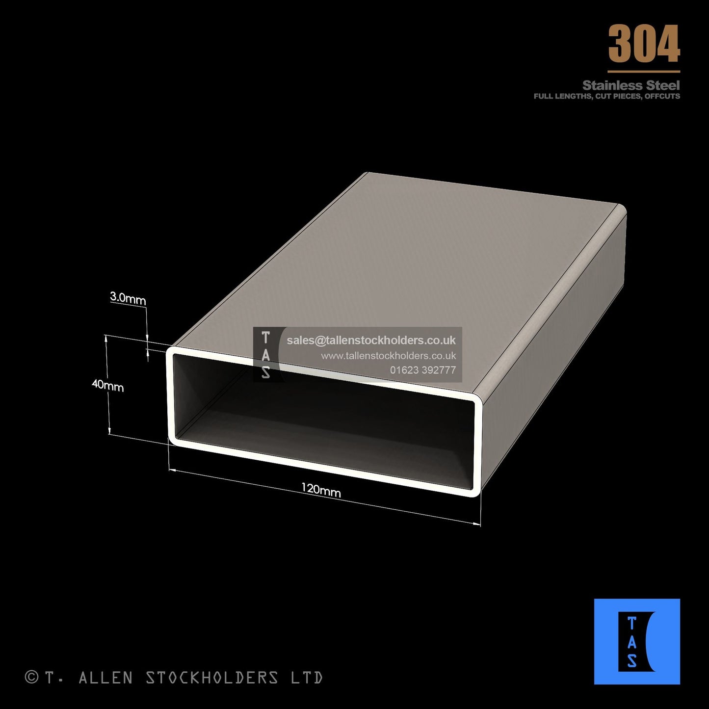120 X 40 X 3 RECTANGULAR BOX SECTION, RHS, 304 STAINLESS STEEL