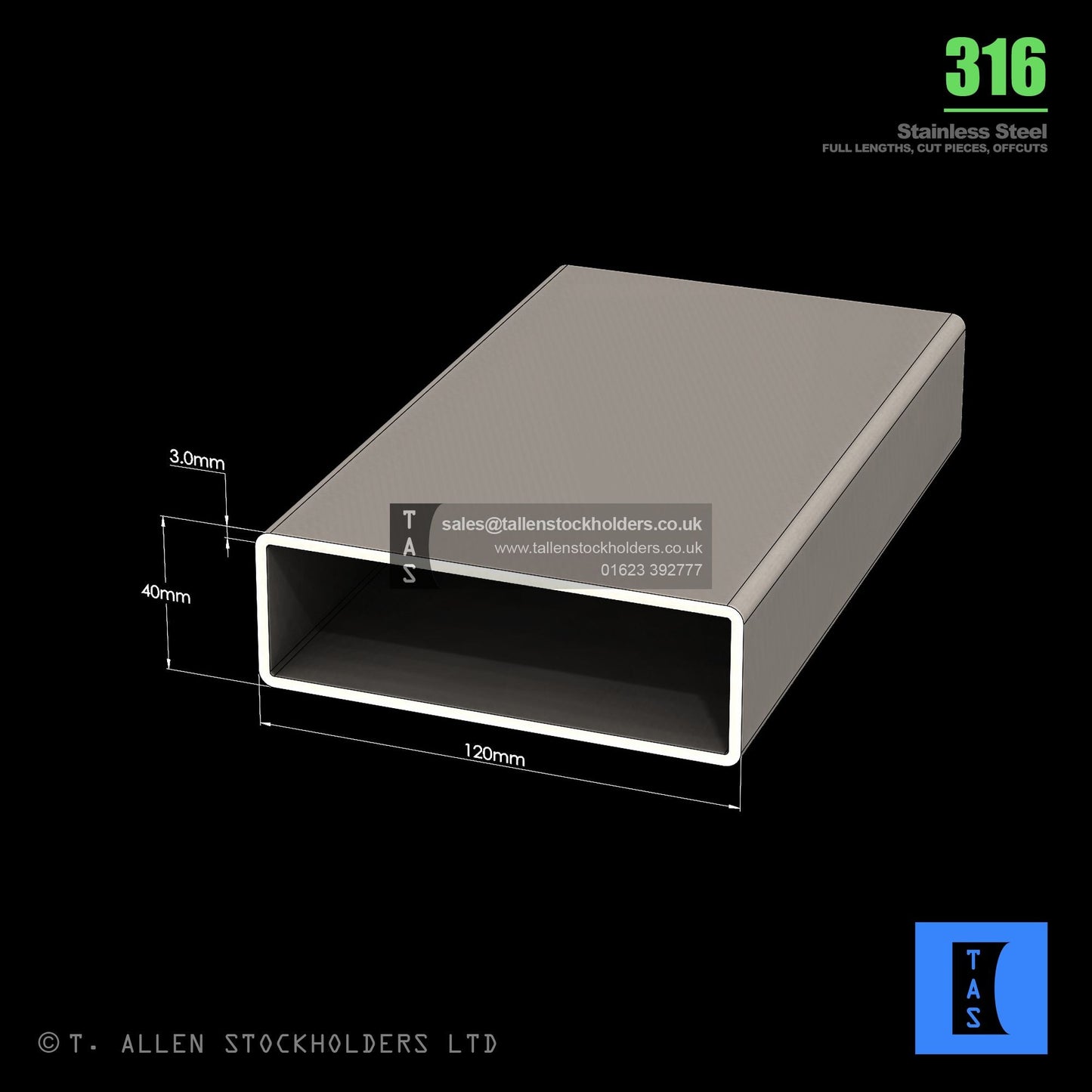 BUY 120 X 40 X 3 RECTANGULAR BOX SECTION, GRADE 316 STAINLESS STEEL