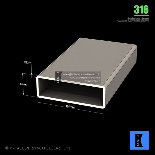 BUY 120 X 40 X 4 RECTANGULAR BOX SECTION, GRADE 316 STAINLESS STEEL