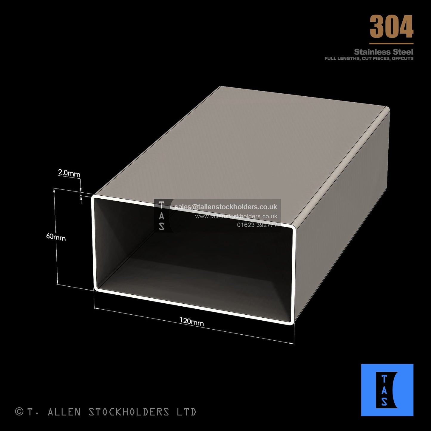 120 X 60 X 2 RECTANGULAR BOX SECTION, RHS, 304 STAINLESS STEEL