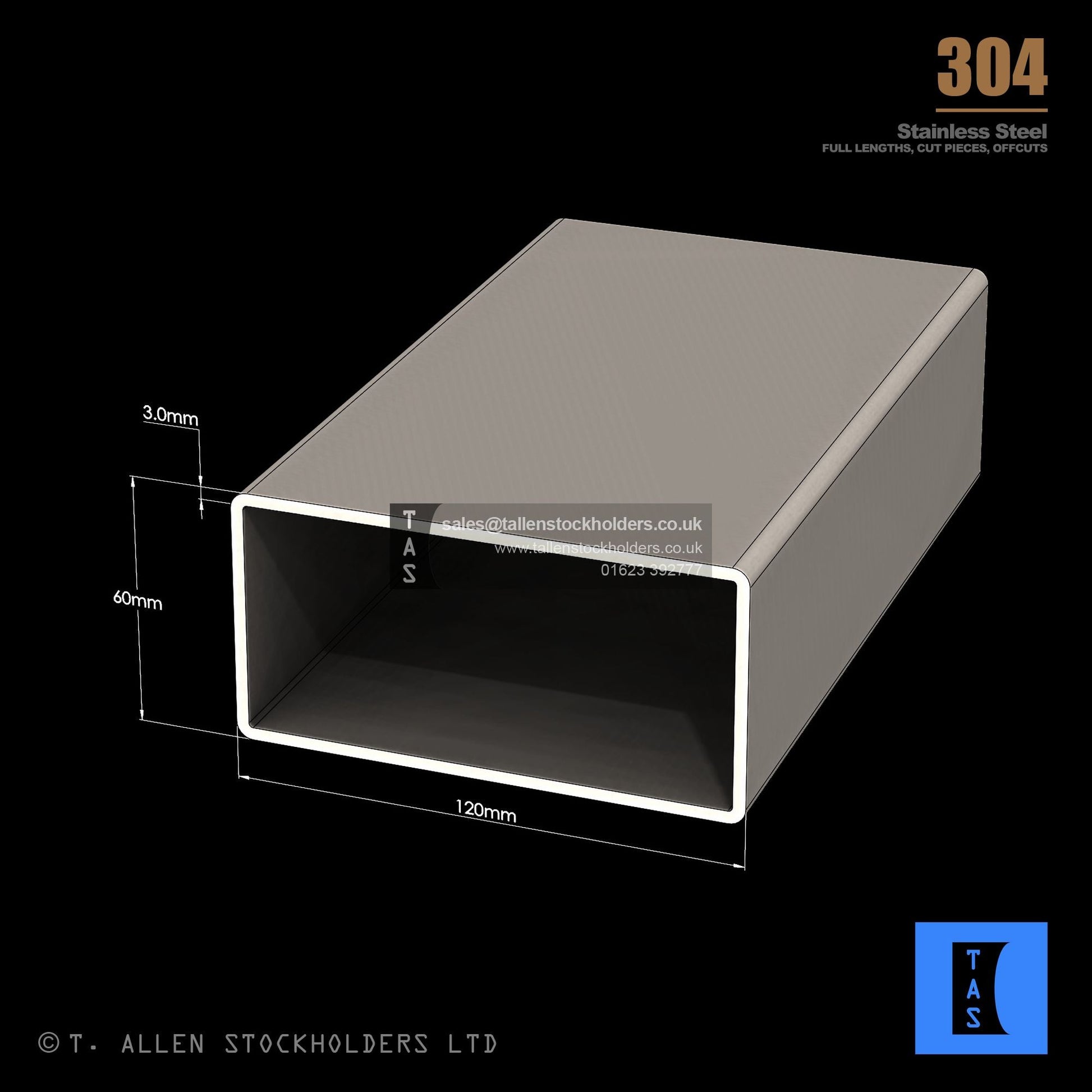 120 X 60 X 3 RECTANGULAR BOX SECTION, RHS, 304 STAINLESS STEEL