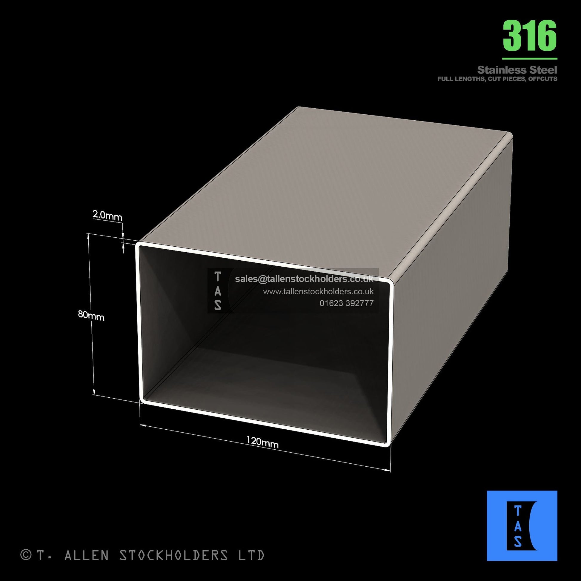 BUY 120 X 80 X 2 RECTANGULAR BOX SECTION, GRADE 316 STAINLESS STEEL