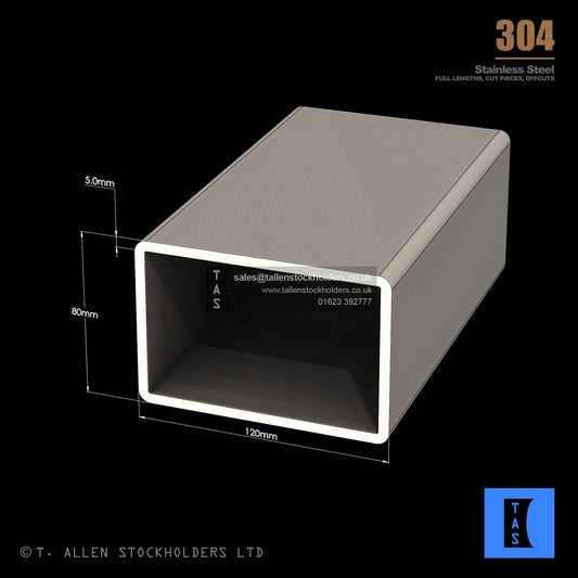 120 X 80 X 5 RECTANGULAR BOX SECTION, RHS, 304 STAINLESS STEEL