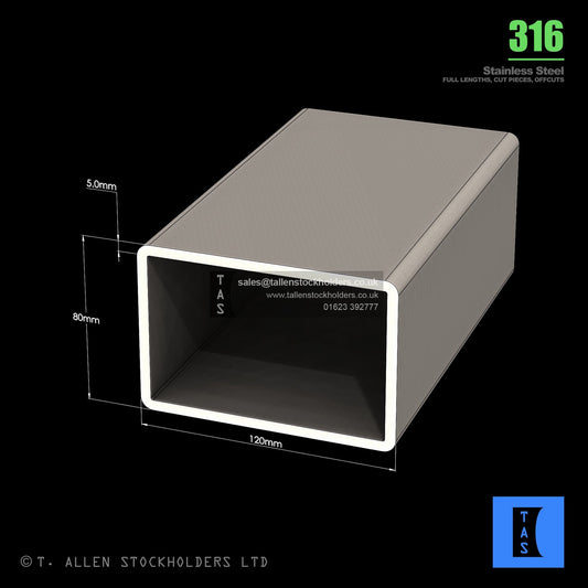 BUY 120 X 80 X 5 RECTANGULAR BOX SECTION, GRADE 316 STAINLESS STEEL