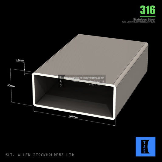 BUY 140 X 60 X 4 RECTANGULAR BOX SECTION, GRADE 316 STAINLESS STEEL