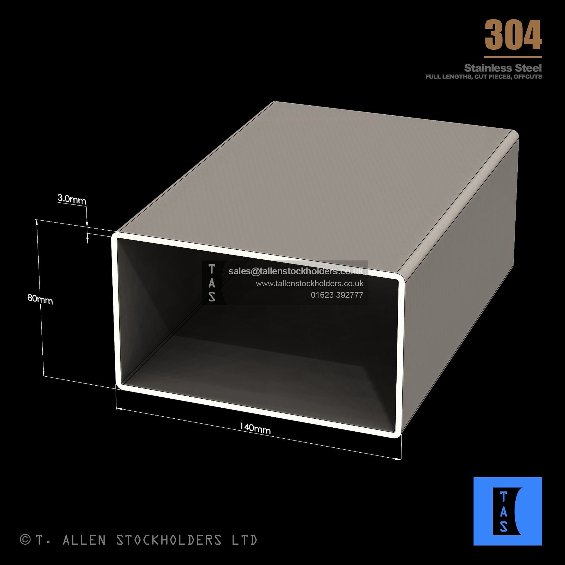 140 X 80 X 3 RECTANGULAR BOX SECTION, RHS, 304 STAINLESS STEEL