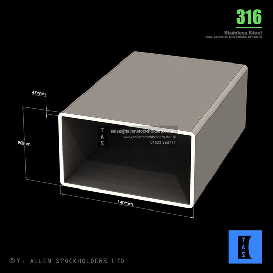 BUY 140 X 80 X 4 RECTANGULAR BOX SECTION, GRADE 316 STAINLESS STEEL