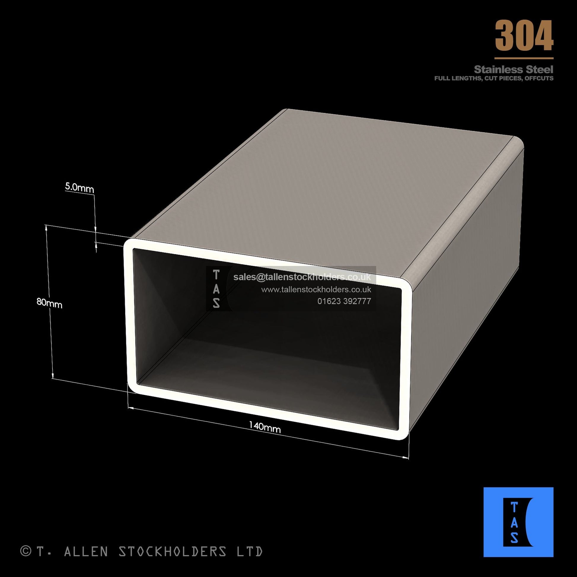 140 X 80 X 5 RECTANGULAR BOX SECTION, RHS, 304 STAINLESS STEEL