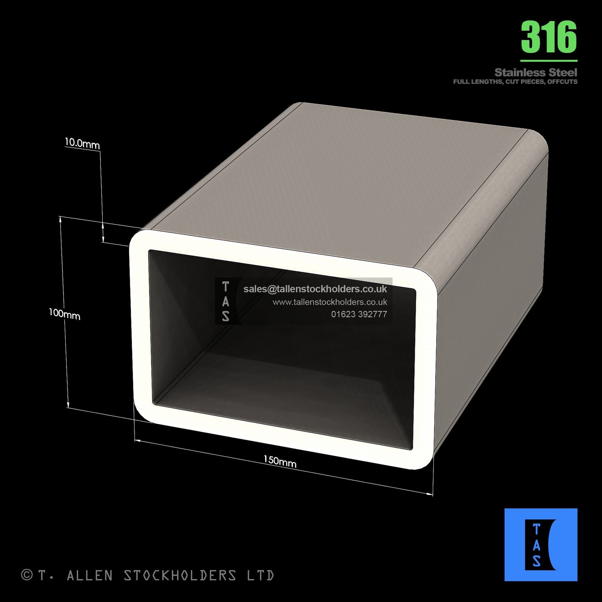 BUY 150 X 100 X 10 RECTANGULAR BOX SECTION, GRADE 316 STAINLESS STEEL