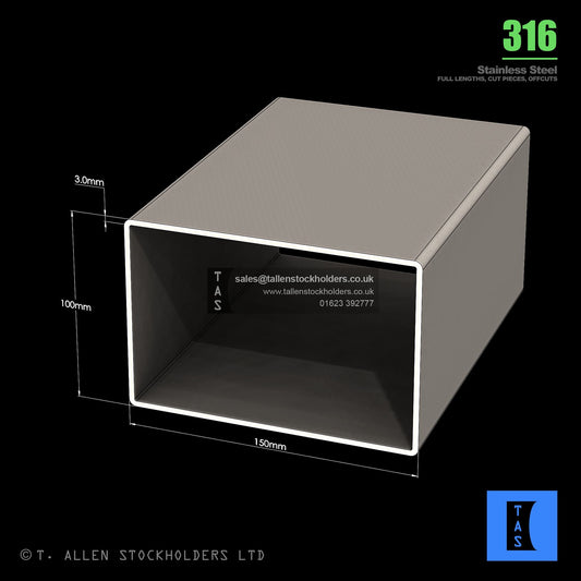 BUY 150 X 100 X 3 RECTANGULAR BOX SECTION, GRADE 316 STAINLESS STEEL
