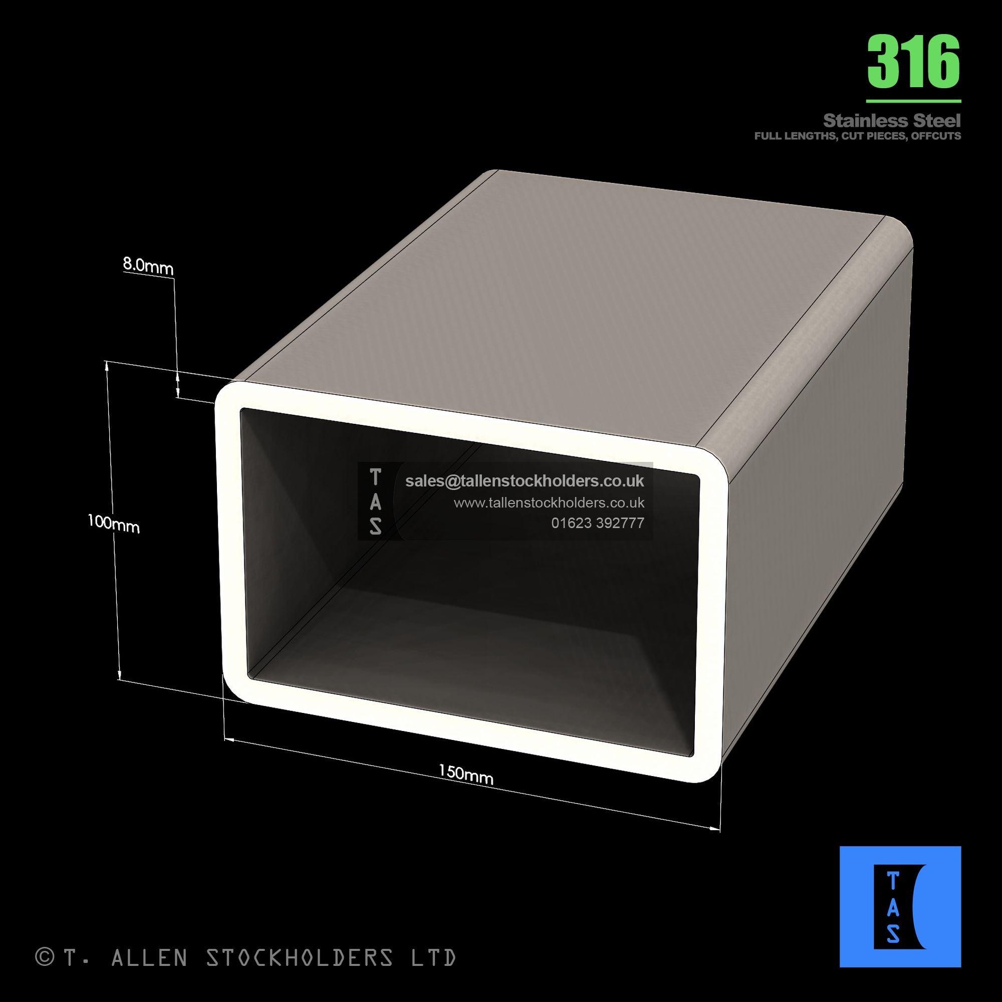 150 X 100 X 8 RECTANGULAR BOX SECTION, RHS, 316 STAINLESS STEEL – T ...