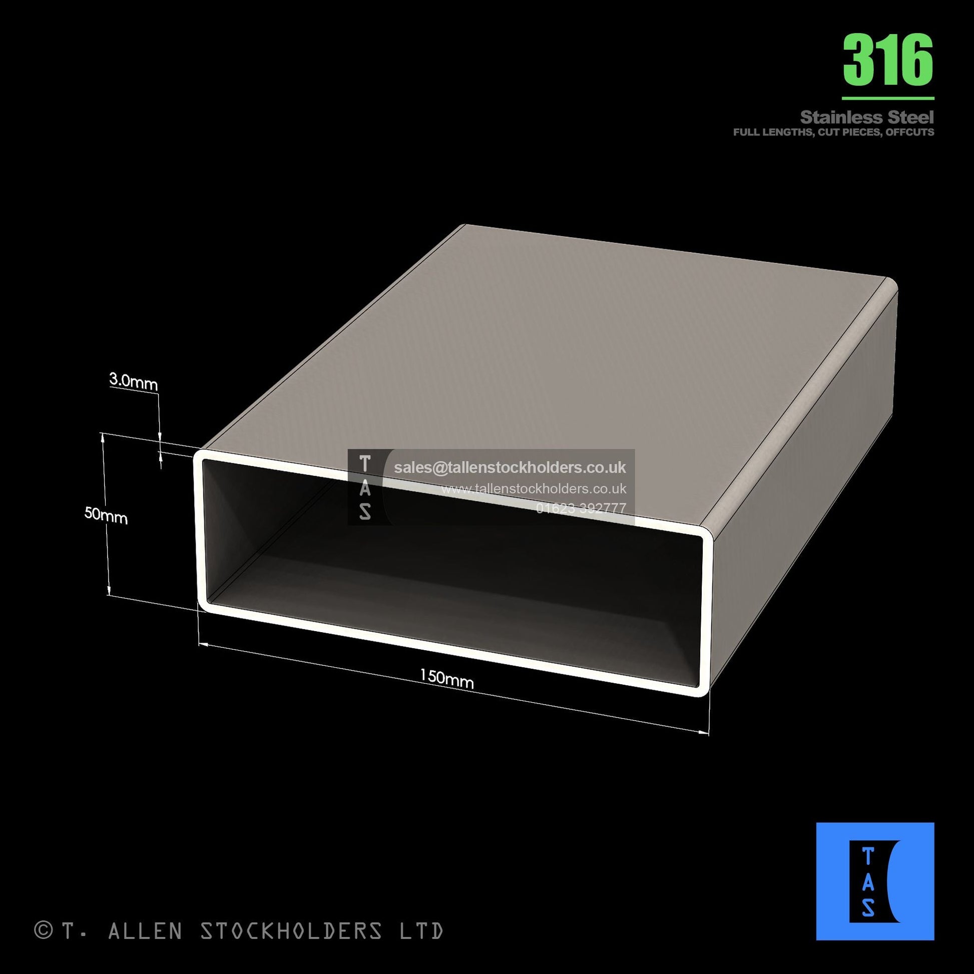 BUY 150 X 50 X 3 RECTANGULAR BOX SECTION, GRADE 316 STAINLESS STEEL