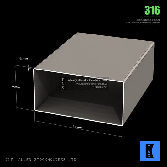 BUY 160 X 80 X 2 RECTANGULAR BOX SECTION, GRADE 316 STAINLESS STEEL