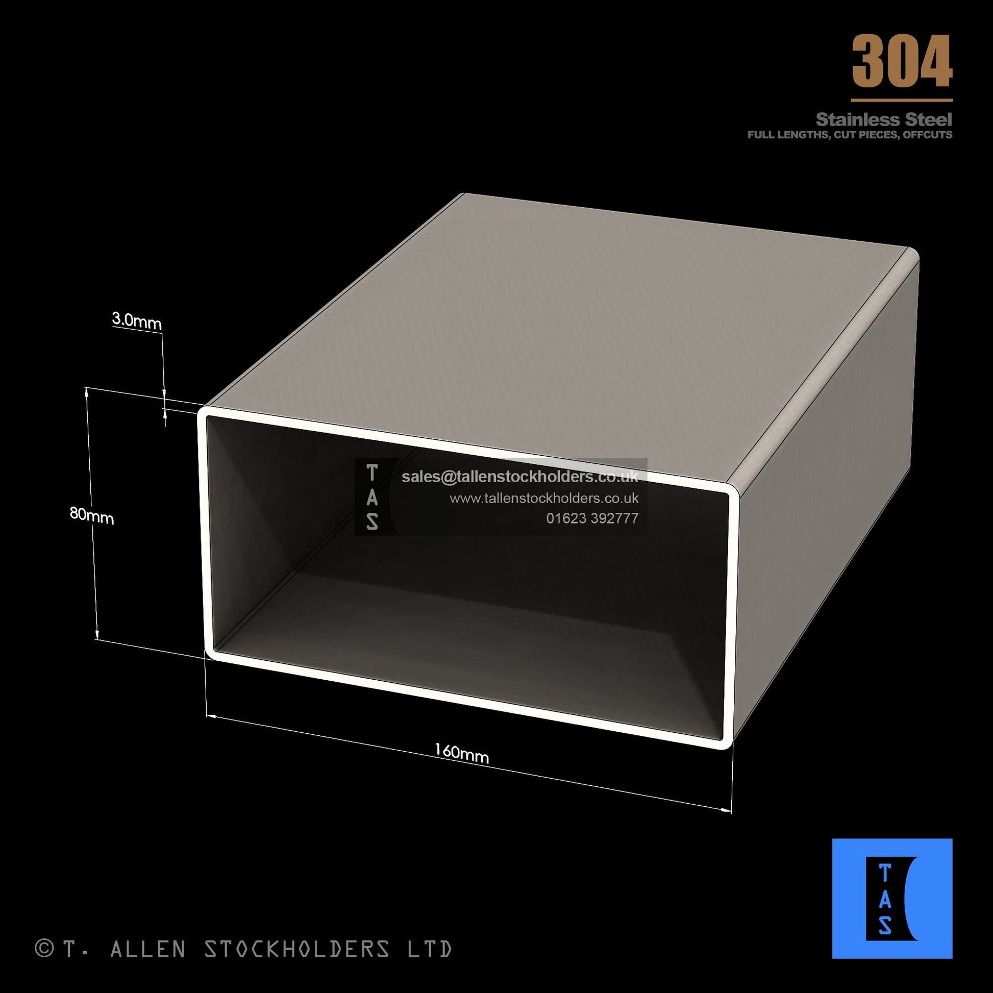 160 X 80 X 3 RECTANGULAR BOX SECTION, RHS, 304 STAINLESS STEEL