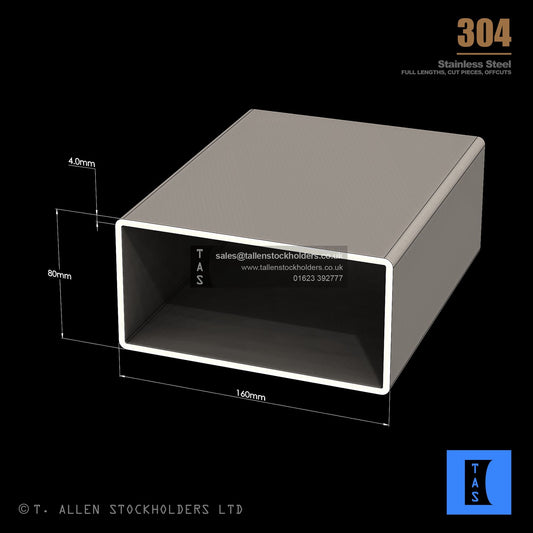 160 X 80 X 4 RECTANGULAR BOX SECTION, RHS, 304 STAINLESS STEEL