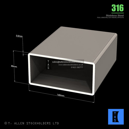 BUY 160 X 80 X 5 RECTANGULAR BOX SECTION, GRADE 316 STAINLESS STEEL