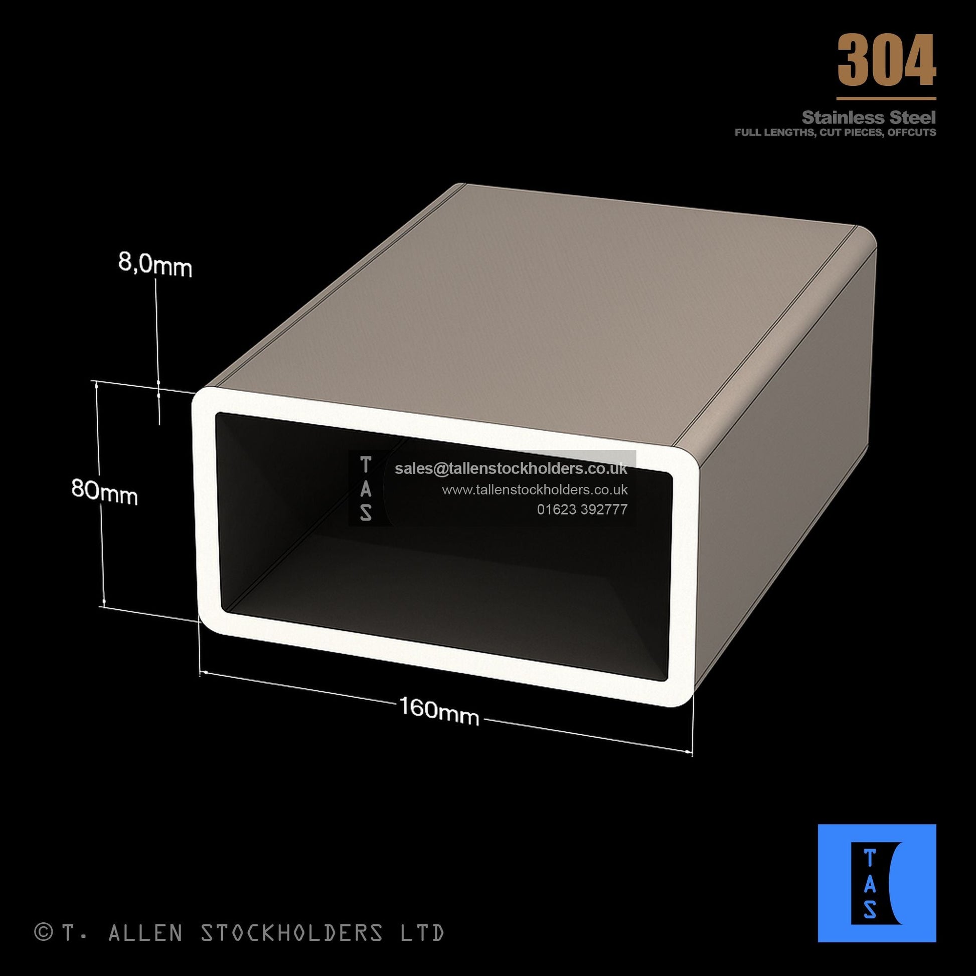 160 X 80 X 8 RECTANGULAR BOX SECTION, RHS, 304 STAINLESS STEEL