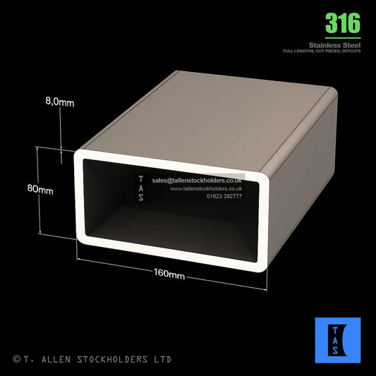 BUY 160 X 80 X 8 RECTANGULAR BOX SECTION, GRADE 316 STAINLESS STEEL