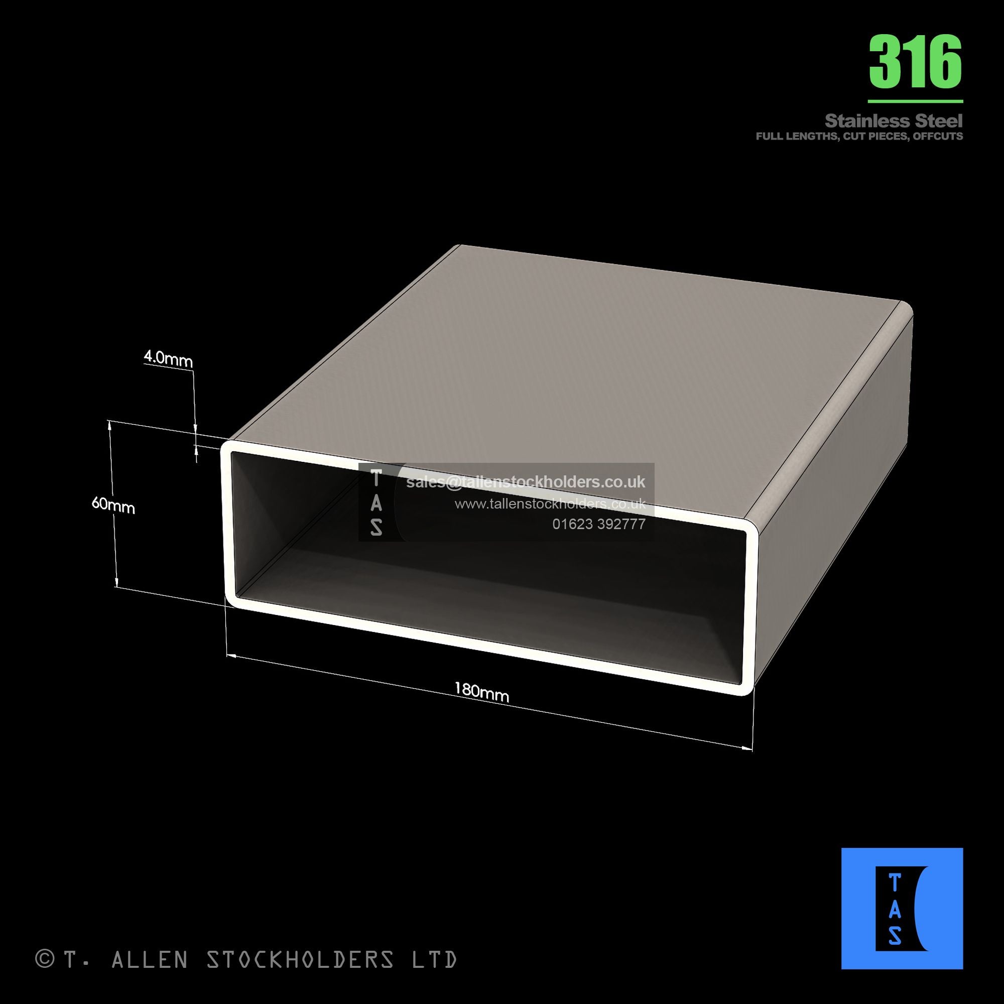 180 X 60 X 4 RECTANGULAR BOX SECTION, RHS, 316 STAINLESS STEEL – T ...