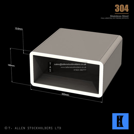200 X 100 X 10 RECTANGULAR BOX SECTION, RHS, 304 STAINLESS STEEL