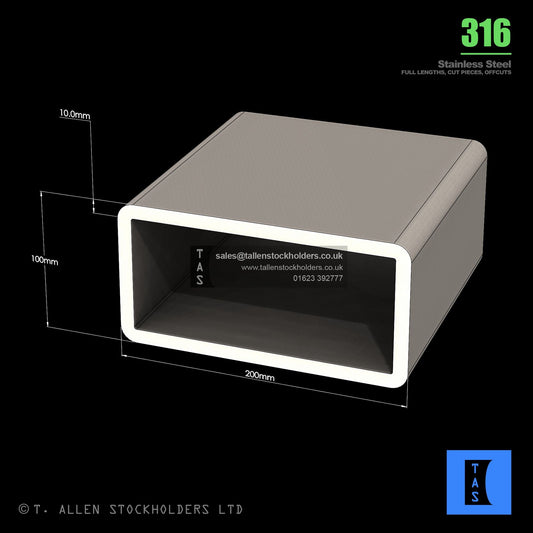 BUY 200 X 100 X 10 RECTANGULAR BOX SECTION, GRADE 316 STAINLESS STEEL