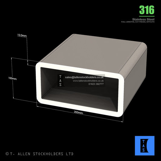 BUY 200 X 100 X 12 RECTANGULAR BOX SECTION, GRADE 316 STAINLESS STEEL