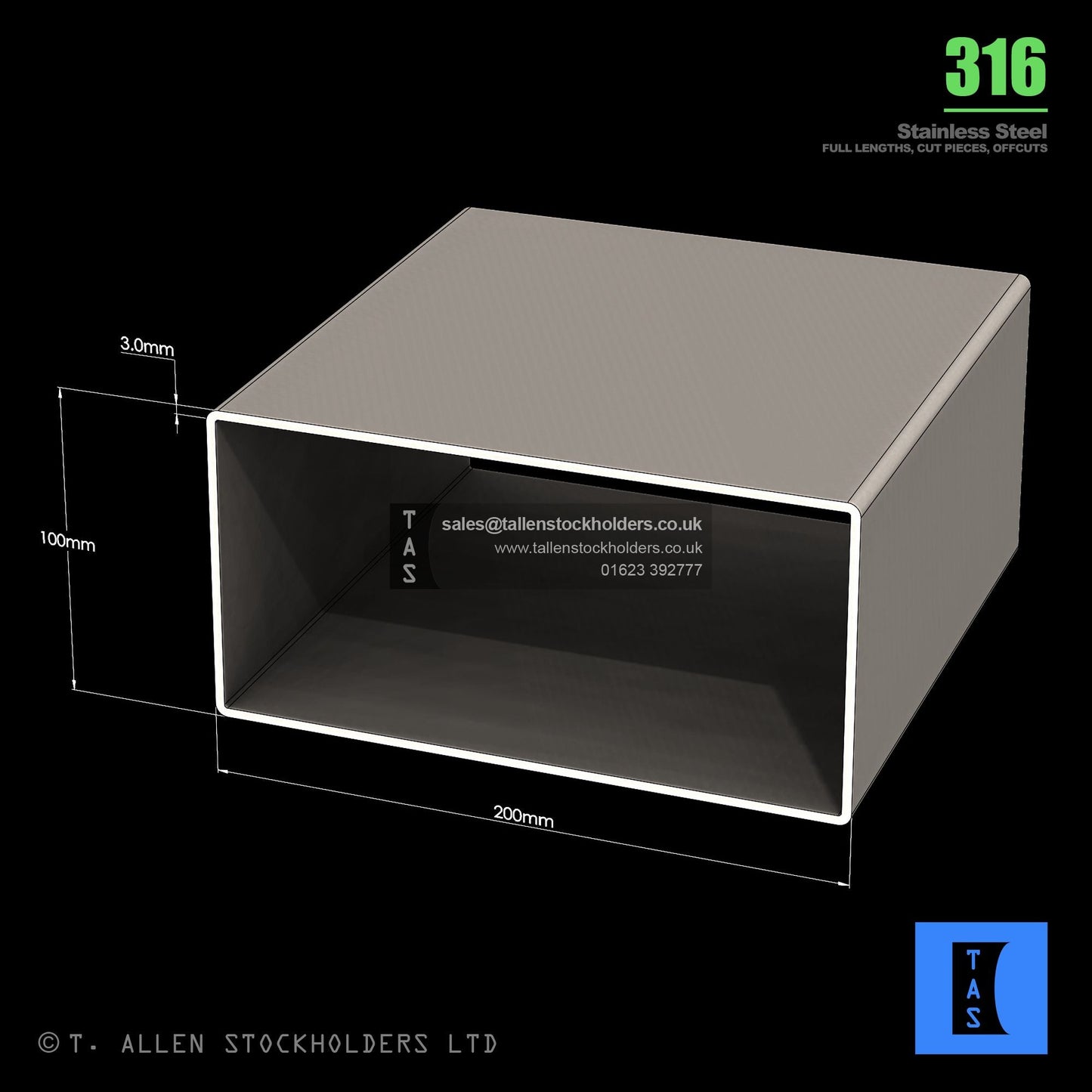 BUY 200 X 100 X 3 RECTANGULAR BOX SECTION, GRADE 316 STAINLESS STEEL
