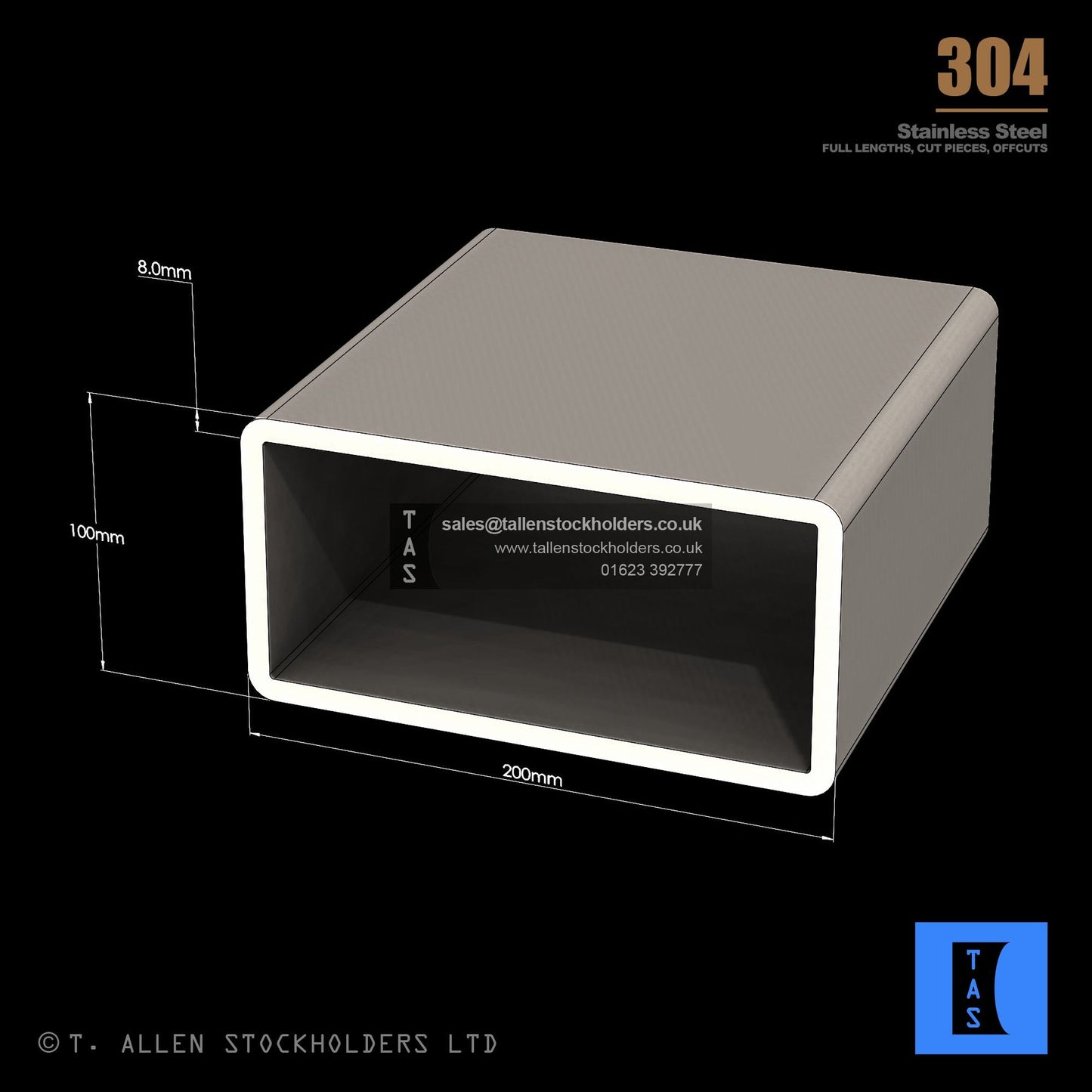 200 X 100 X 8 RECTANGULAR BOX SECTION, RHS, 304 STAINLESS STEEL