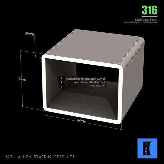 BUY 200 X 150 X 10 RECTANGULAR BOX SECTION, GRADE 316 STAINLESS STEEL