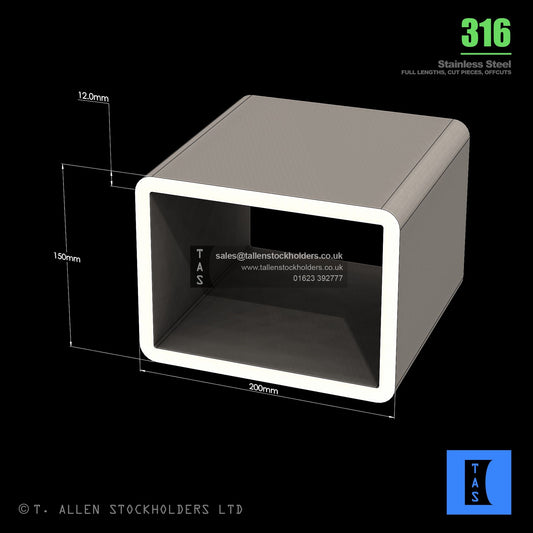 BUY 200 X 150 X 12 RECTANGULAR BOX SECTION, GRADE 316 STAINLESS STEEL