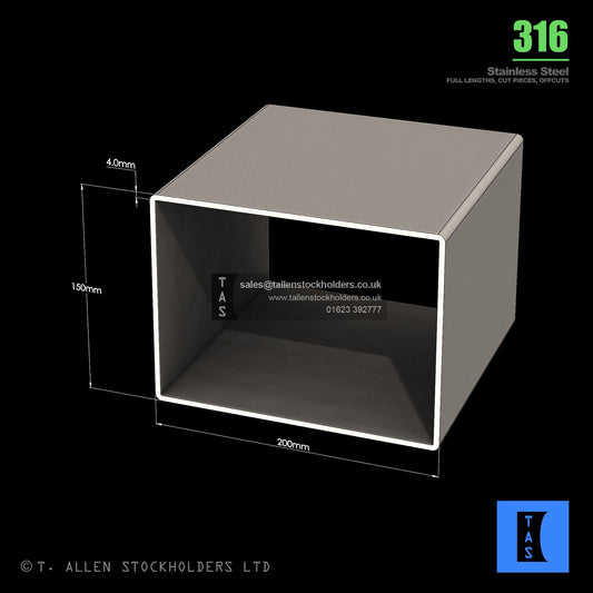 BUY 200 X 150 X 4 RECTANGULAR BOX SECTION, GRADE 316 STAINLESS STEEL