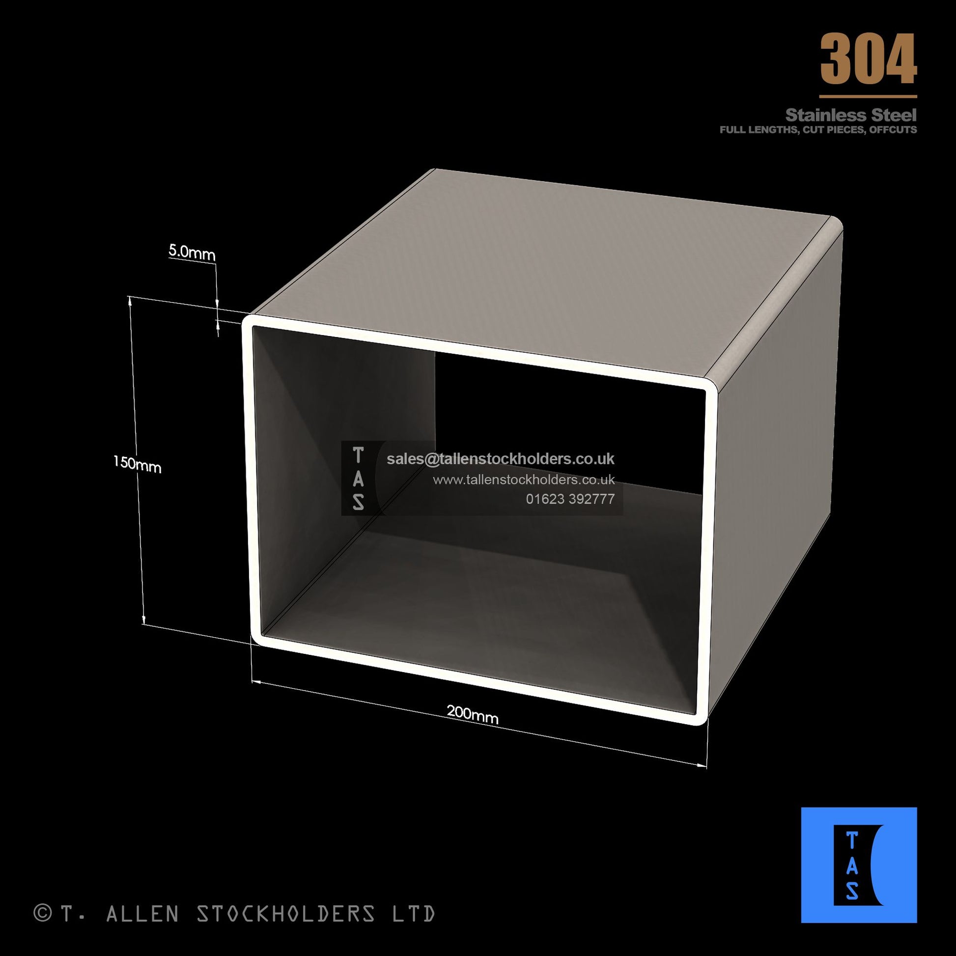 200 X 150 X 5 RECTANGULAR BOX SECTION, RHS, 304 STAINLESS STEEL