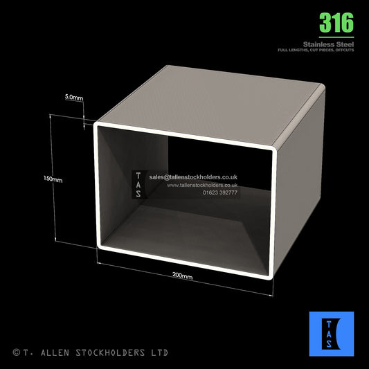 BUY 200 X 150 X 5 RECTANGULAR BOX SECTION, GRADE 316 STAINLESS STEEL