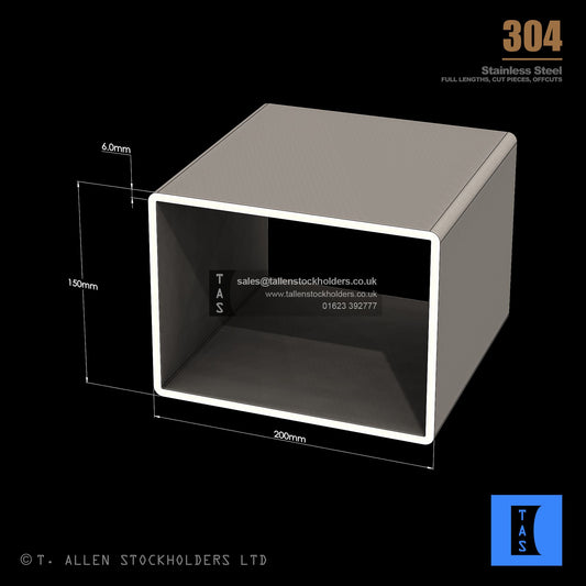 200 X 150 X 6 RECTANGULAR BOX SECTION, RHS, 304 STAINLESS STEEL