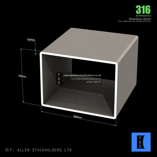 BUY 200 X 150 X 6 RECTANGULAR BOX SECTION, GRADE 316 STAINLESS STEEL