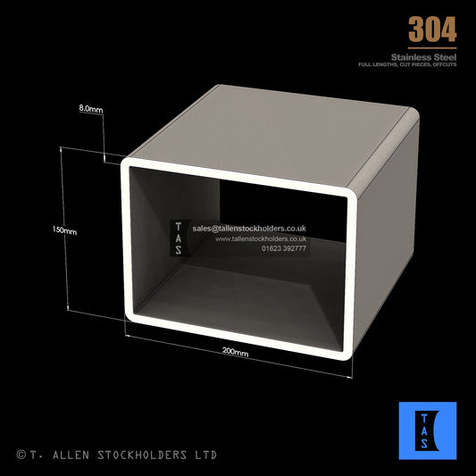 200 X 150 X 8 RECTANGULAR BOX SECTION, RHS, 304 STAINLESS STEEL