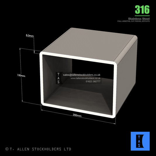 BUY 200 X 150 X 8 RECTANGULAR BOX SECTION, GRADE 316 STAINLESS STEEL