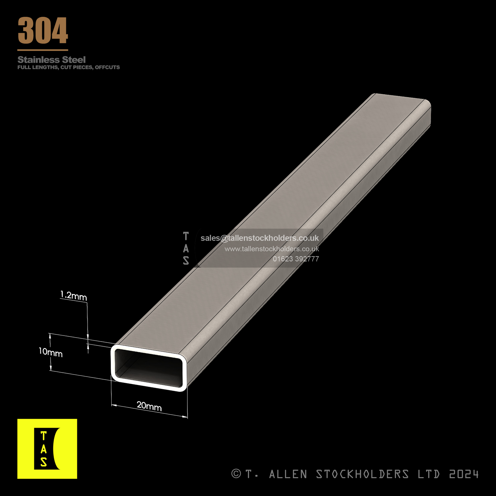 20 X 10 X 1.2 RECTANGULAR BOX SECTION, RHS, 304 STAINLESS STEEL, DULL POLISHED