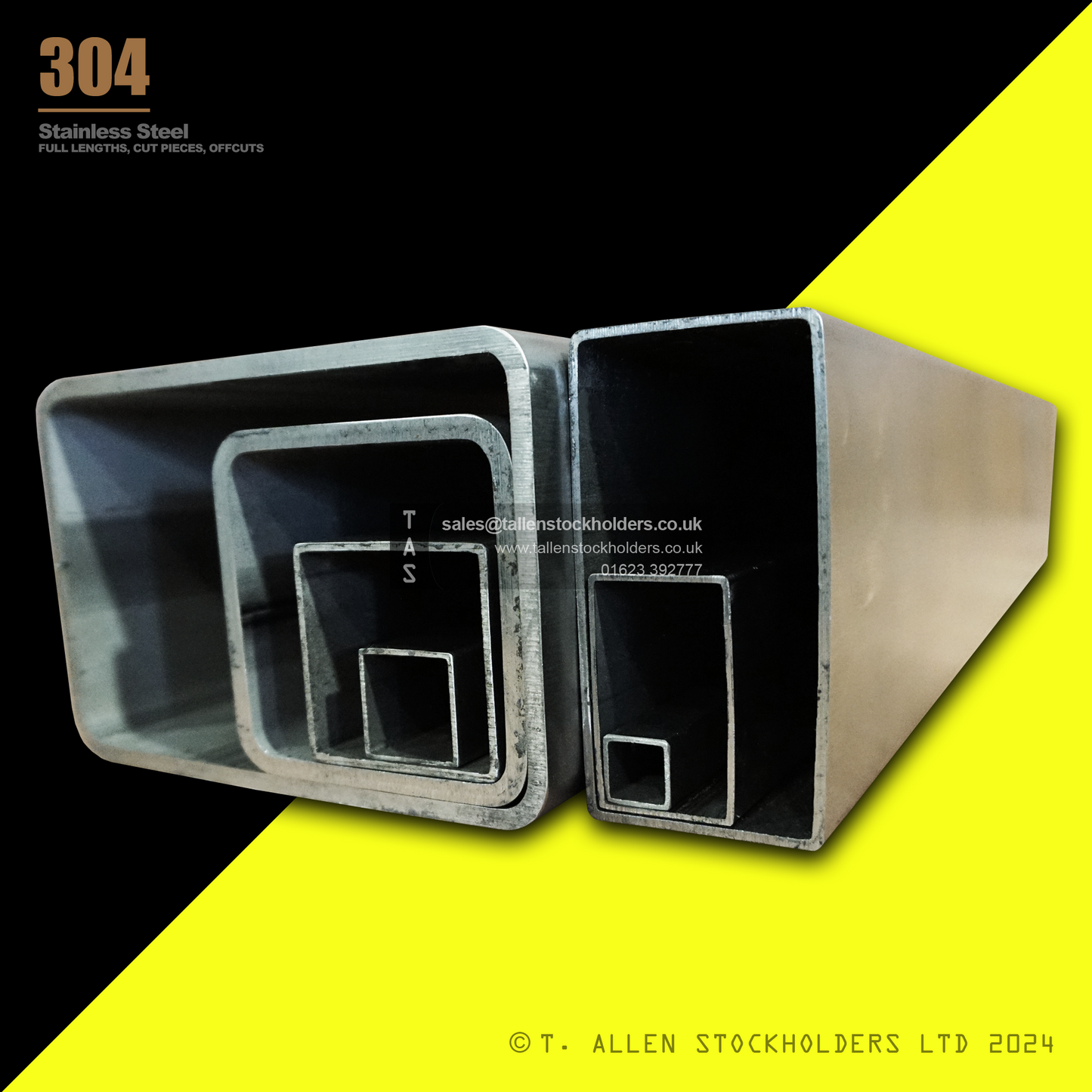 20 X 10 X 1.2 RECTANGULAR BOX SECTION, RHS, 304 STAINLESS STEEL, DULL POLISHED (1.4301 / 1.4307)