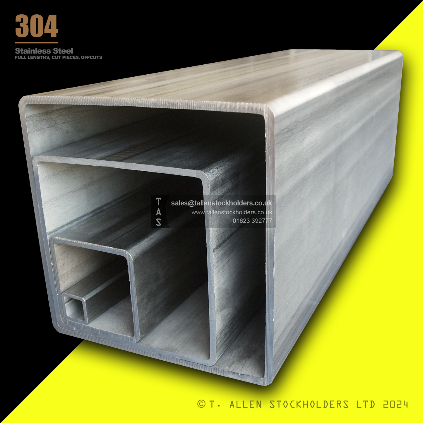 20 X 10 X 1.2 RECTANGULAR BOX SECTION, RHS, 304 STAINLESS STEEL, DULL POLISHED (1.4301 / 1.4307)