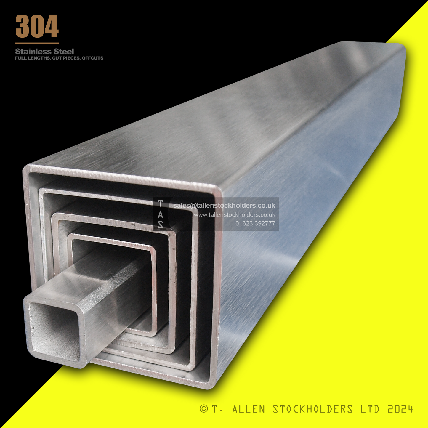 20 X 10 X 1.2 RECTANGULAR BOX SECTION, RHS, 304 STAINLESS STEEL, DULL POLISHED (1.4301 / 1.4307)