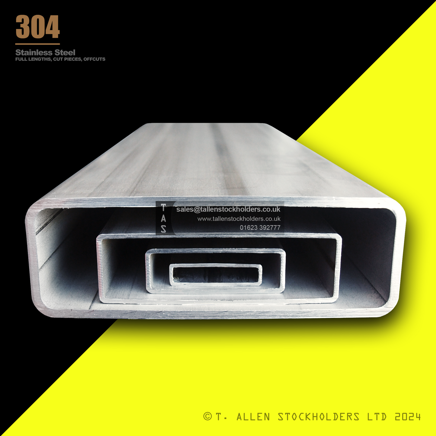 20 X 10 X 1.2 RECTANGULAR BOX SECTION, RHS, 304 STAINLESS STEEL, DULL POLISHED (1.4301 / 1.4307)