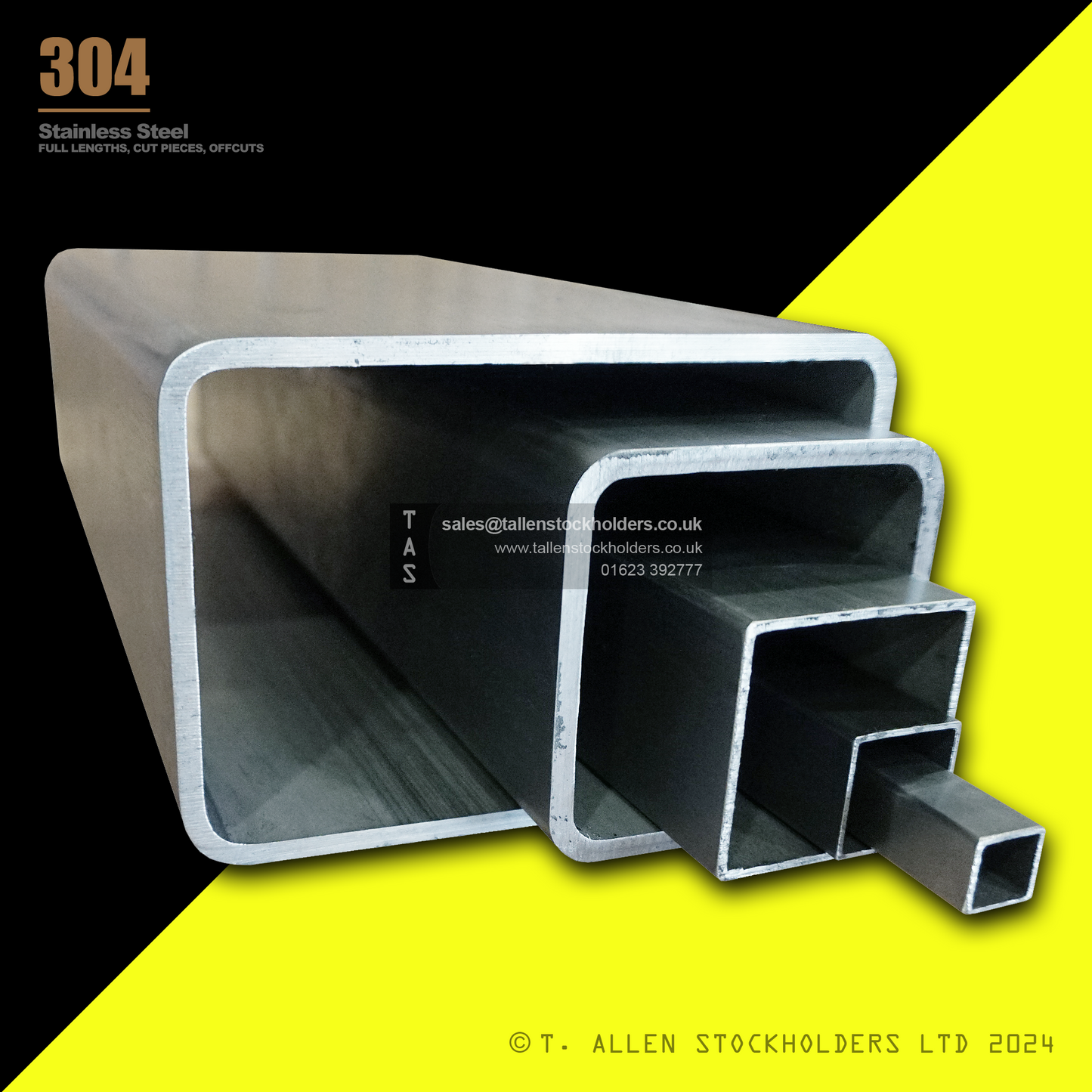 20 X 10 X 1.2 RECTANGULAR BOX SECTION, RHS, 304 STAINLESS STEEL, DULL POLISHED (1.4301 / 1.4307)