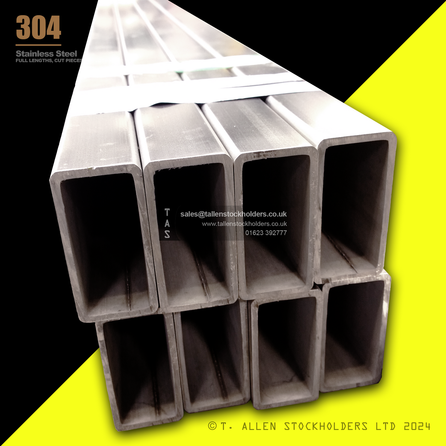 20 X 10 X 1.2 RECTANGULAR BOX SECTION, RHS, 304 STAINLESS STEEL, DULL POLISHED (1.4301 / 1.4307)