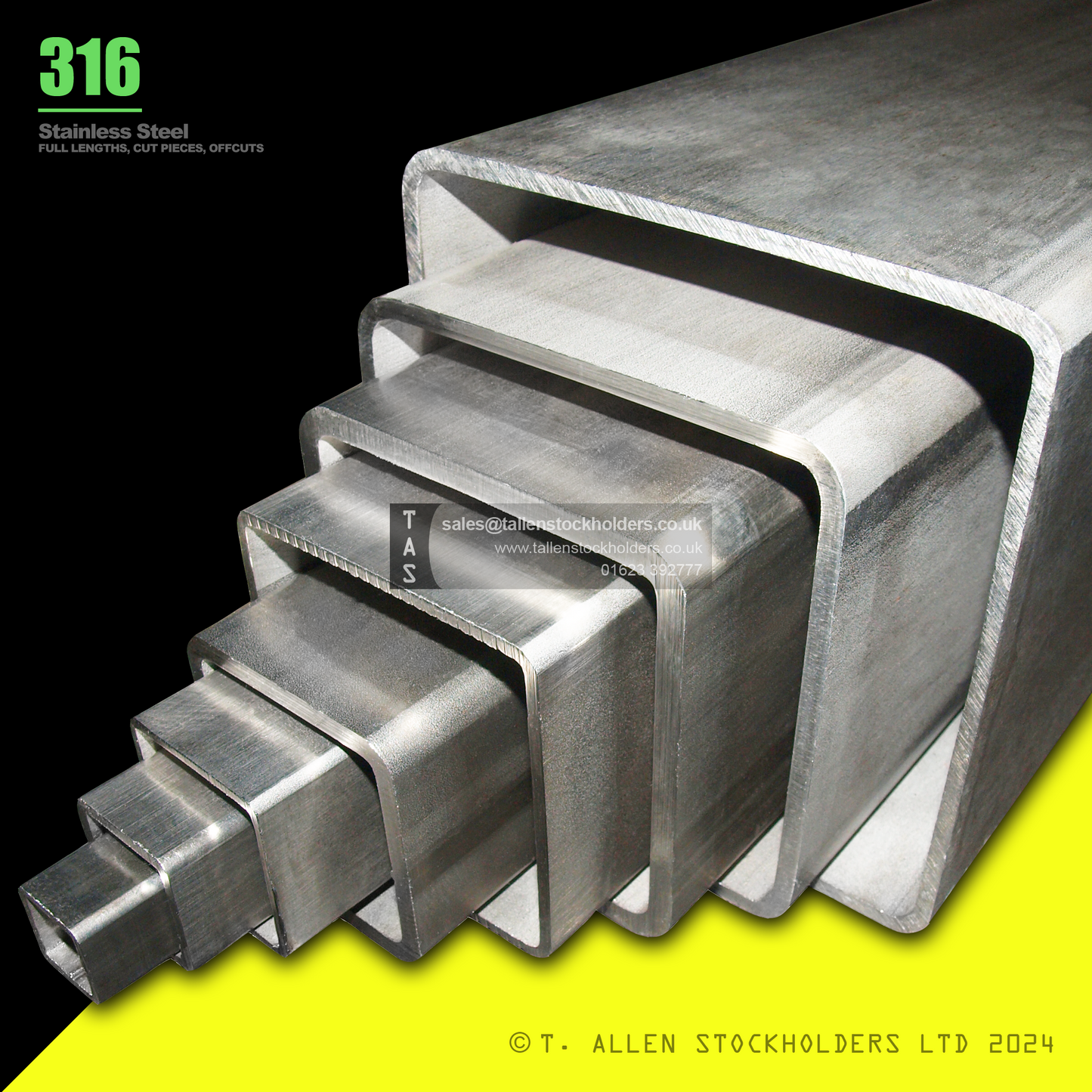 20 X 10 X 1.2 RECTANGULAR BOX SECTION, RHS, 316 STAINLESS STEEL, DULL POLISHED (1.4401 / 1.4404)