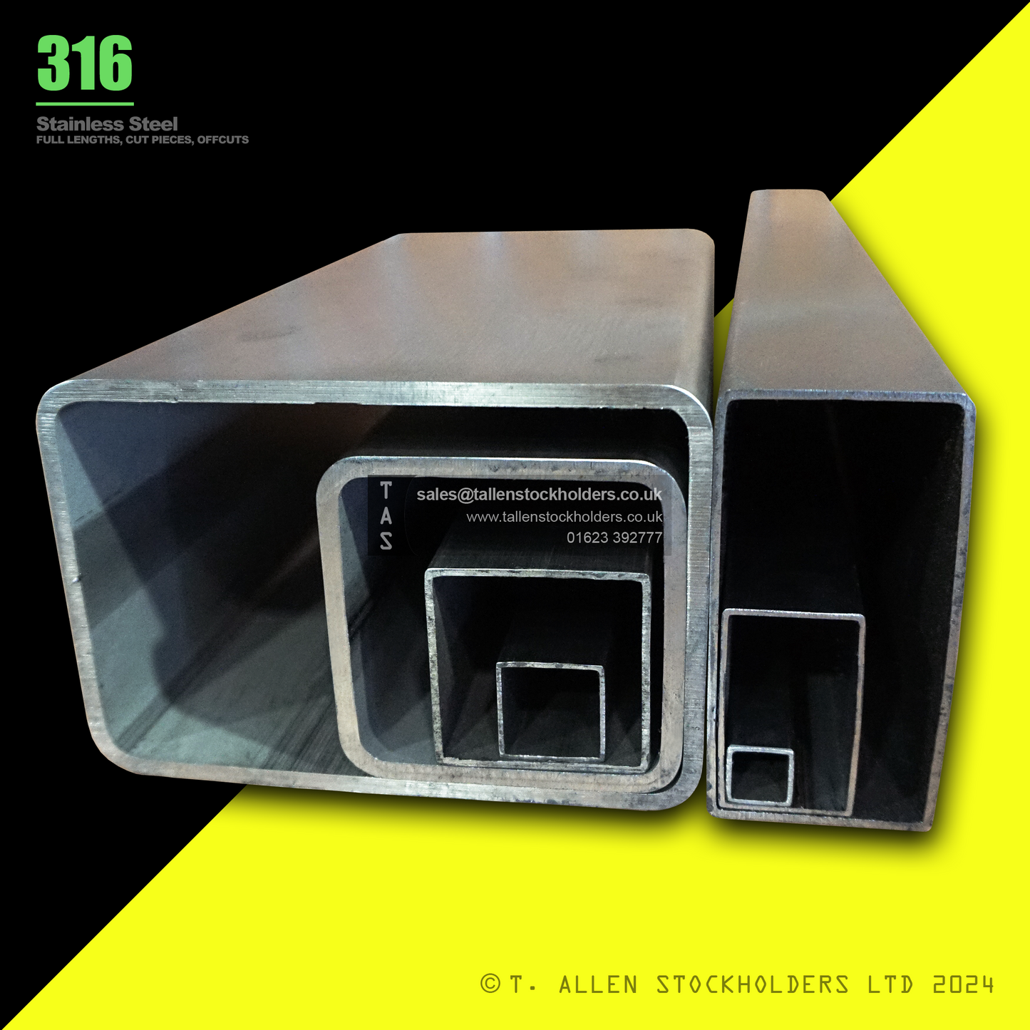 20 X 10 X 1.2 RECTANGULAR BOX SECTION, RHS, 316 STAINLESS STEEL, DULL POLISHED (1.4401 / 1.4404)