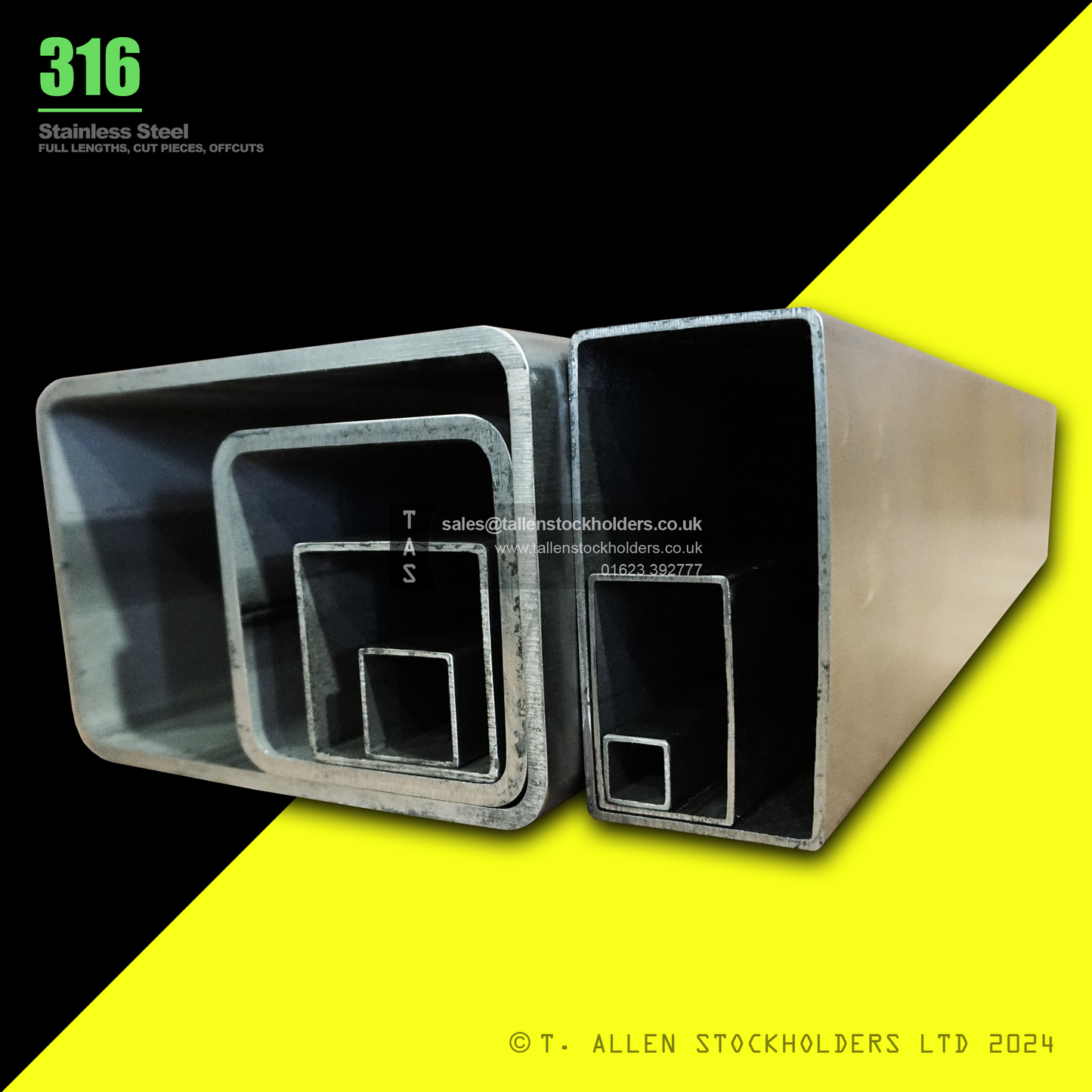 20 X 10 X 1.2 RECTANGULAR BOX SECTION, RHS, 316 STAINLESS STEEL, DULL POLISHED (1.4401 / 1.4404)