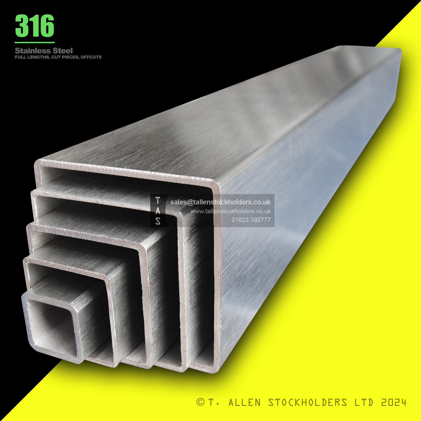 20 X 10 X 1.2 RECTANGULAR BOX SECTION, RHS, 316 STAINLESS STEEL, DULL POLISHED (1.4401 / 1.4404)